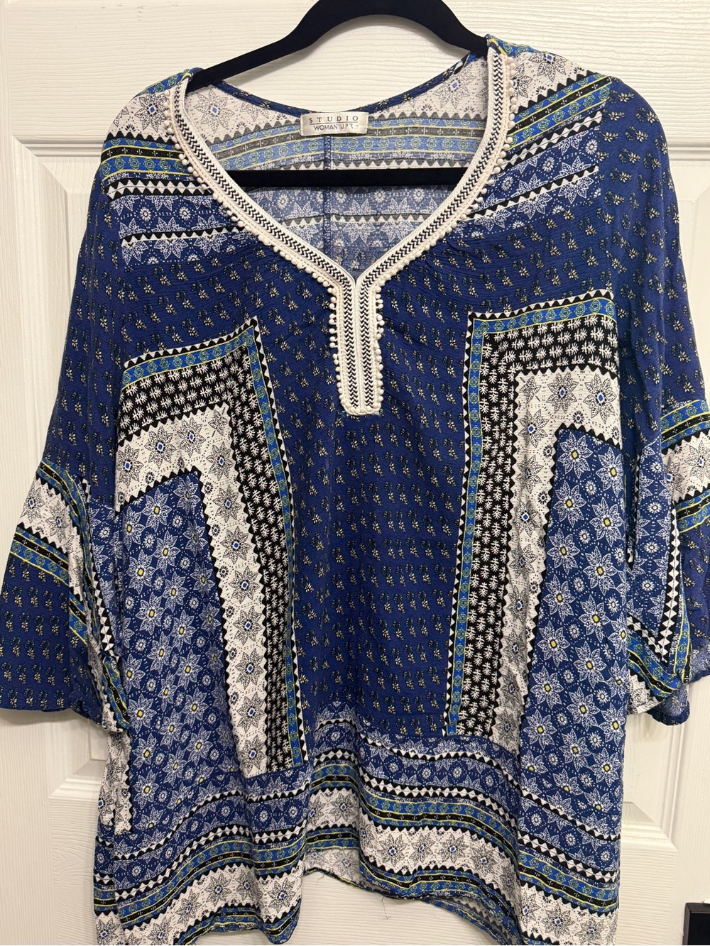 Studio Woman JPR Blue Boho Artsy Mixed Print Bell Sleeve Tunic